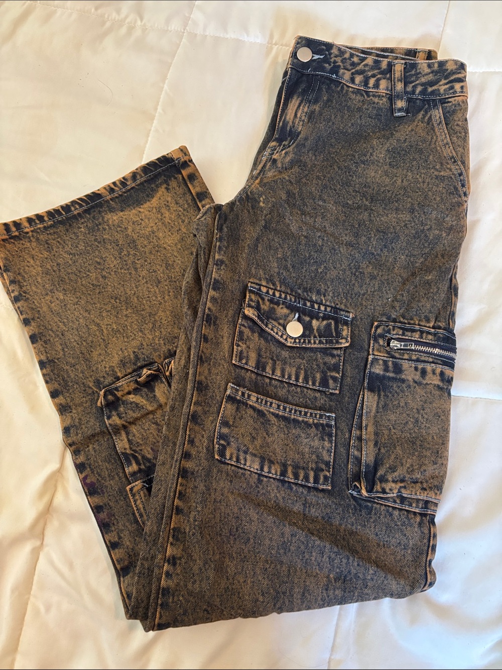 Acid Wash Black Cargo Jeans with Patch Pockets